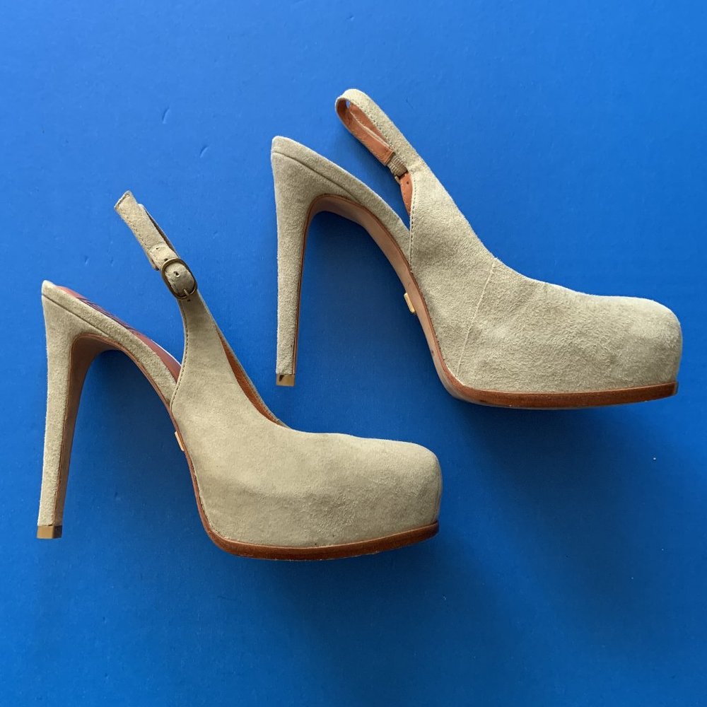 POUR La VICTOIRE Beige Suede Slingback Platform Shoes Size 6
